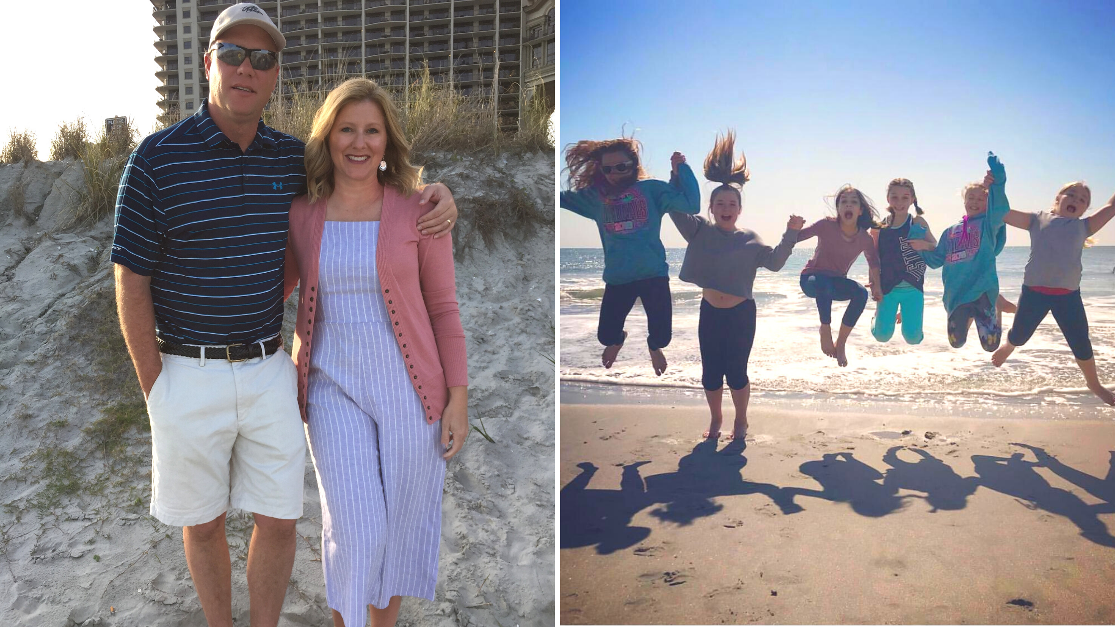 Couple in outwear and girls jumping on the beach in fall