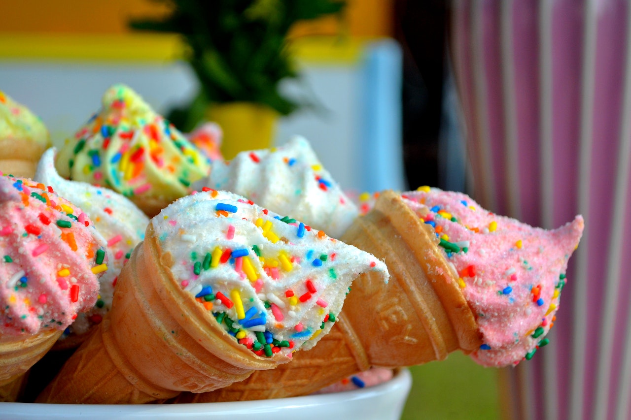 Ice cream cones with sprinkles ready to serve